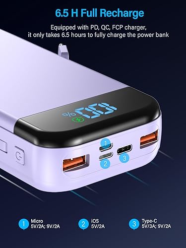 Miniatura 4 de Cargador portátil de 32000 mAh, 22.5 W QC 3.0 PD 20 W, pantalla LED inteligente, carga rápida, cables integrados, batería externa, carga 5