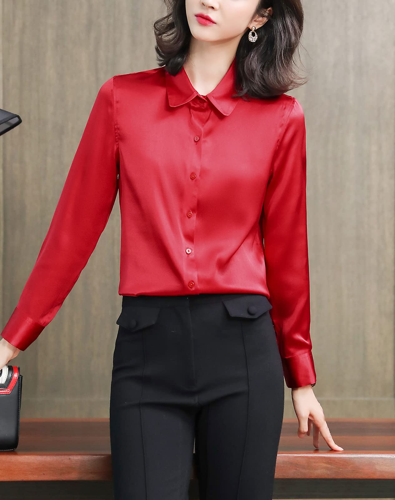 Valin Blusa de seda para mujer, camisa de seda sólida, con botones, blusa de manga larga, solapa de seda, S6630
