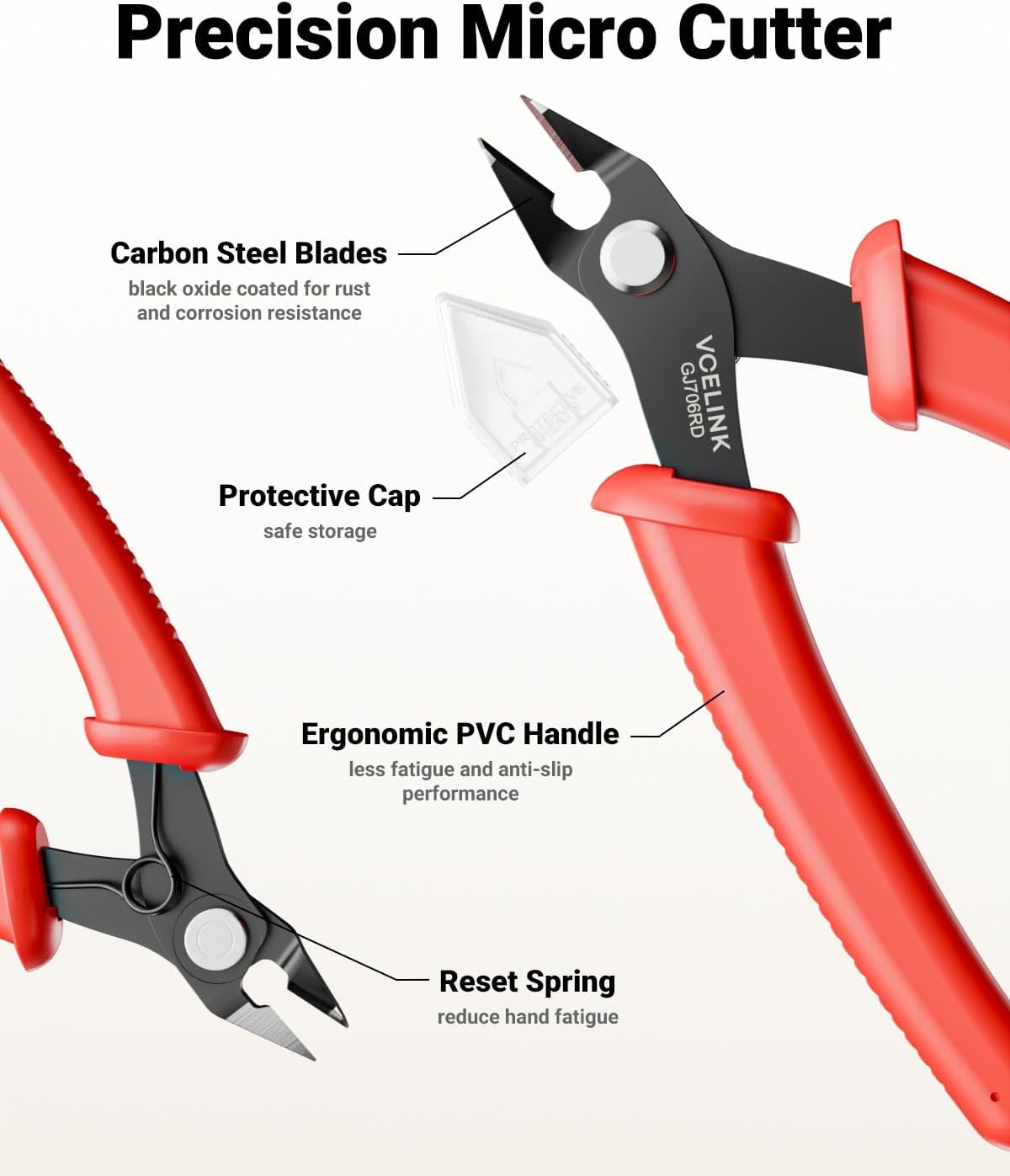 VCELINK Micro Precision Wire Cutter Spring Loaded, 5-Inch Flush Cutter Pliers, Nippers, Small Side Cutter for Electronics, Zip Ties, Craft and Jewelry, Red