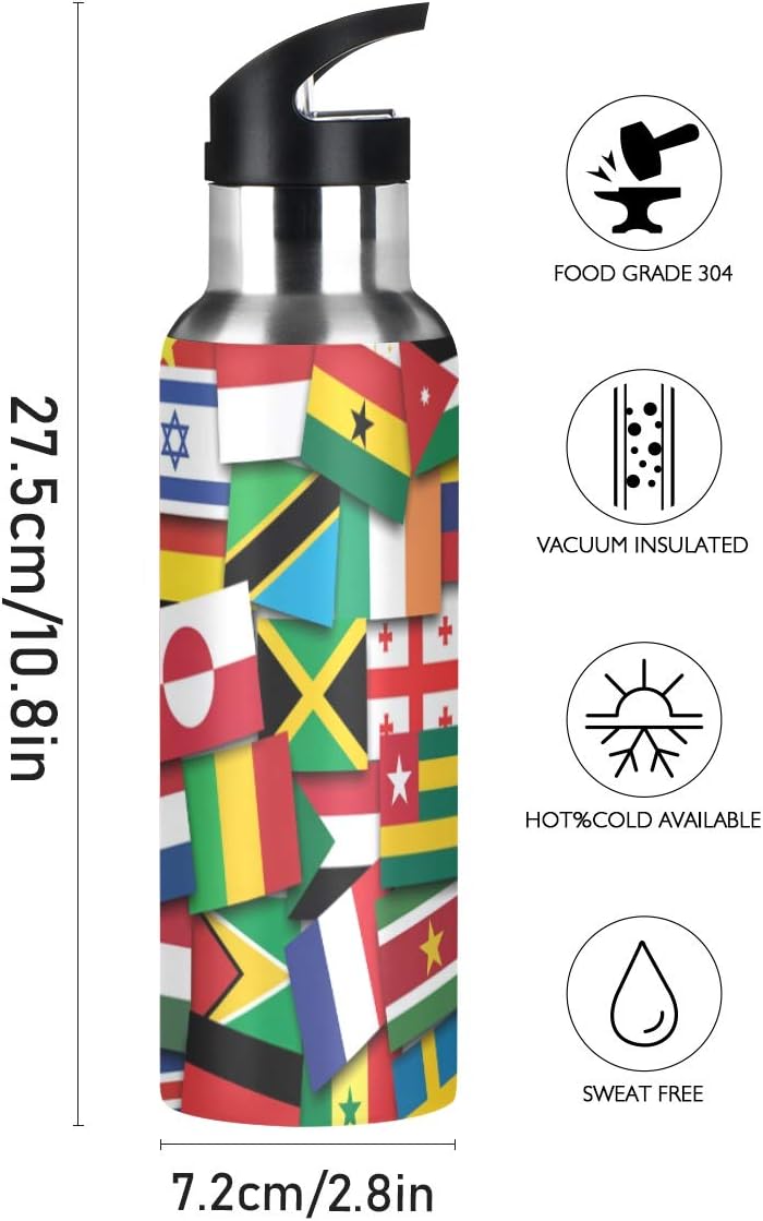 Blueangle 22oz World Flags Water Bottle, BPA Free Stainless Steel Water Bottle Leak-Proof Sports Bottle for Camping Workouts Gym and Outdoor Activity