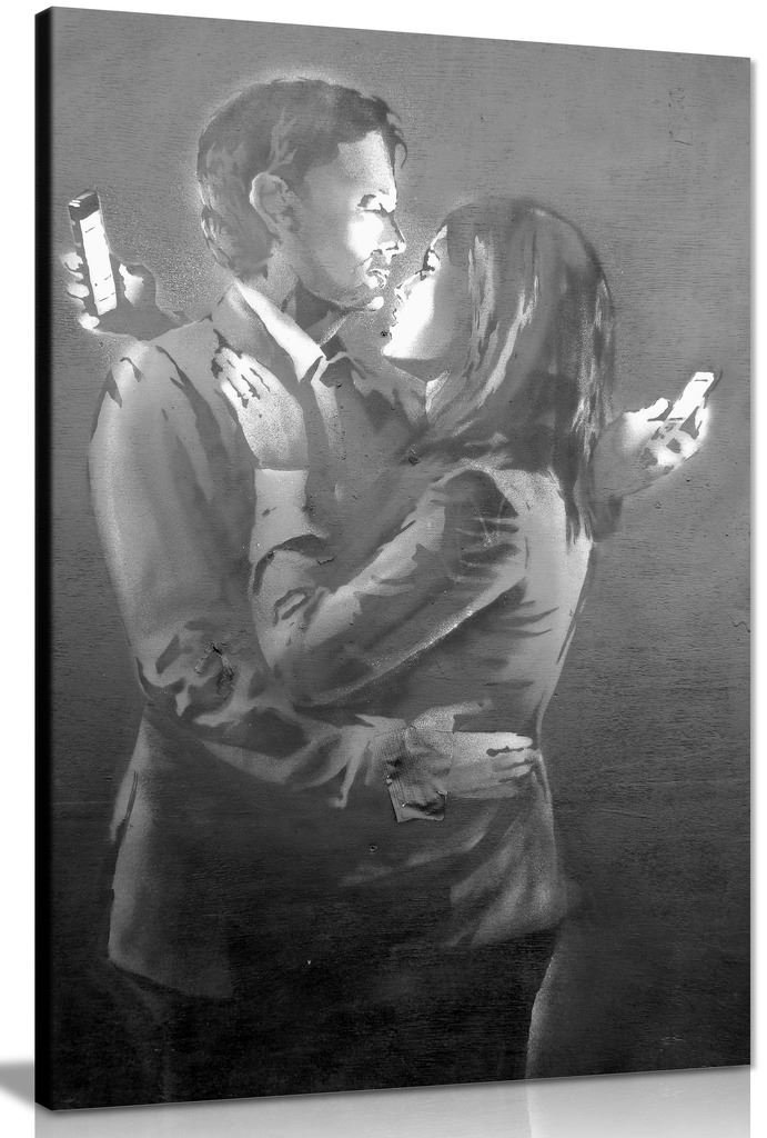 Panther Print White Banksy Mobile Phone Lovers Black & Canvas Wall Art Picture Print (18X12in)