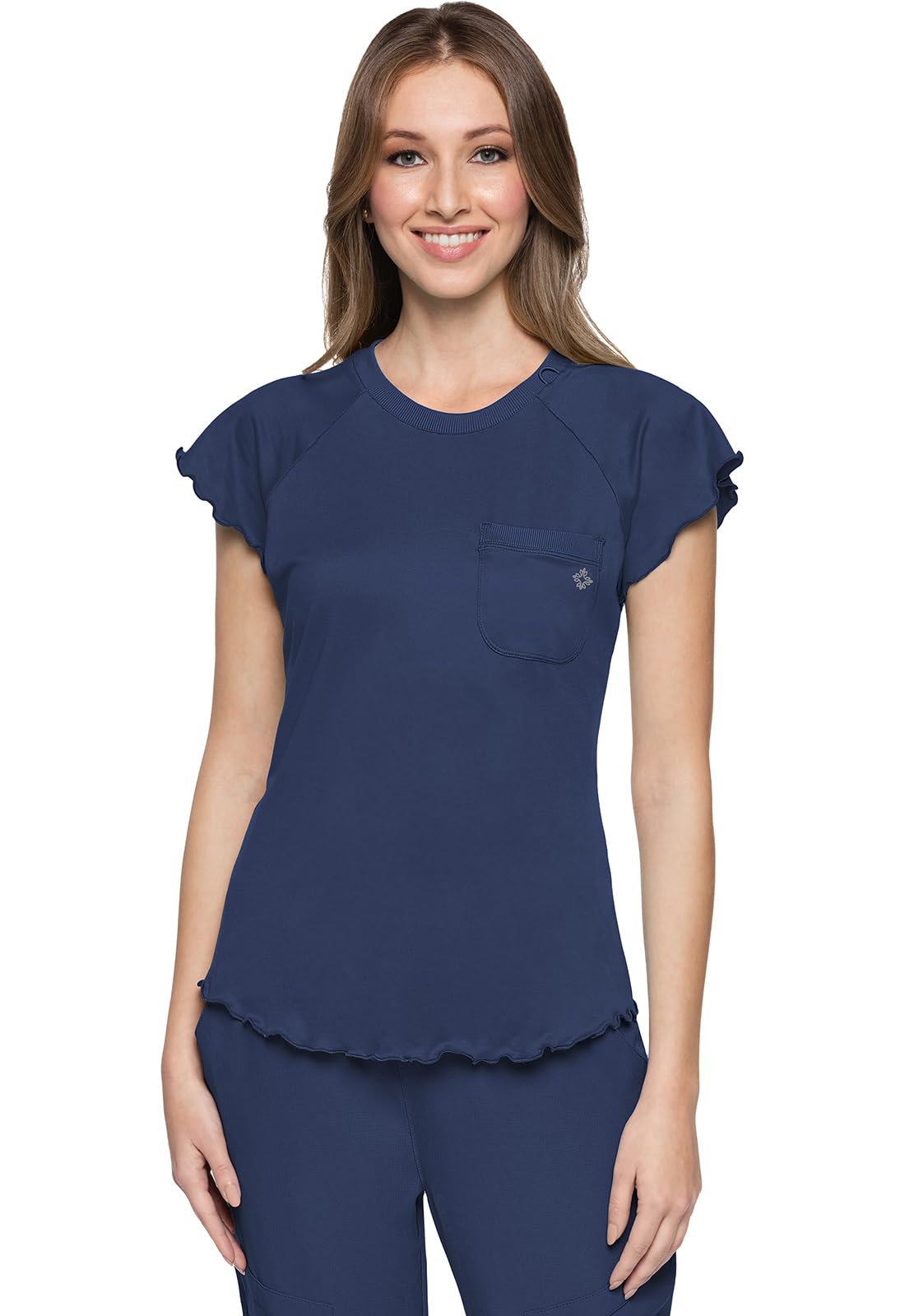 Med Couture Womens Scrub Top Short Sleeve Knit Medical Uniform T-Shirt with Chest Pocket Lettuce Edge - MC706