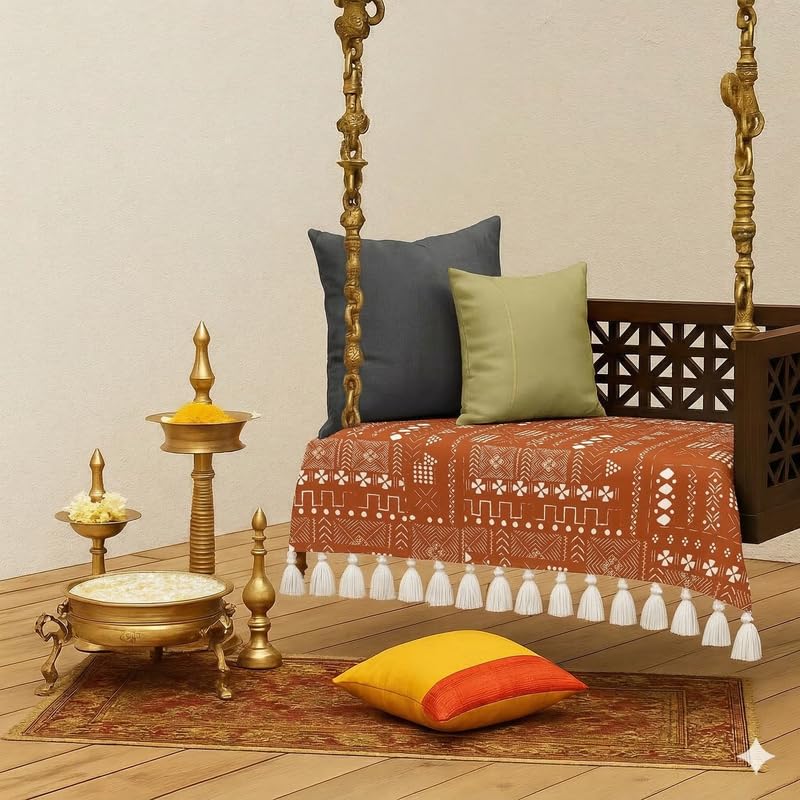 Terracotta Tribal Wooden Swing Seat Cover with Tassels|4.5 Ft Indian Jhoola Bench Cover for Indoor Outdoor Swing|Solid Wood Swing Cover for Courtyard, Verandah,Balcony,Living Room Decor-image-30
