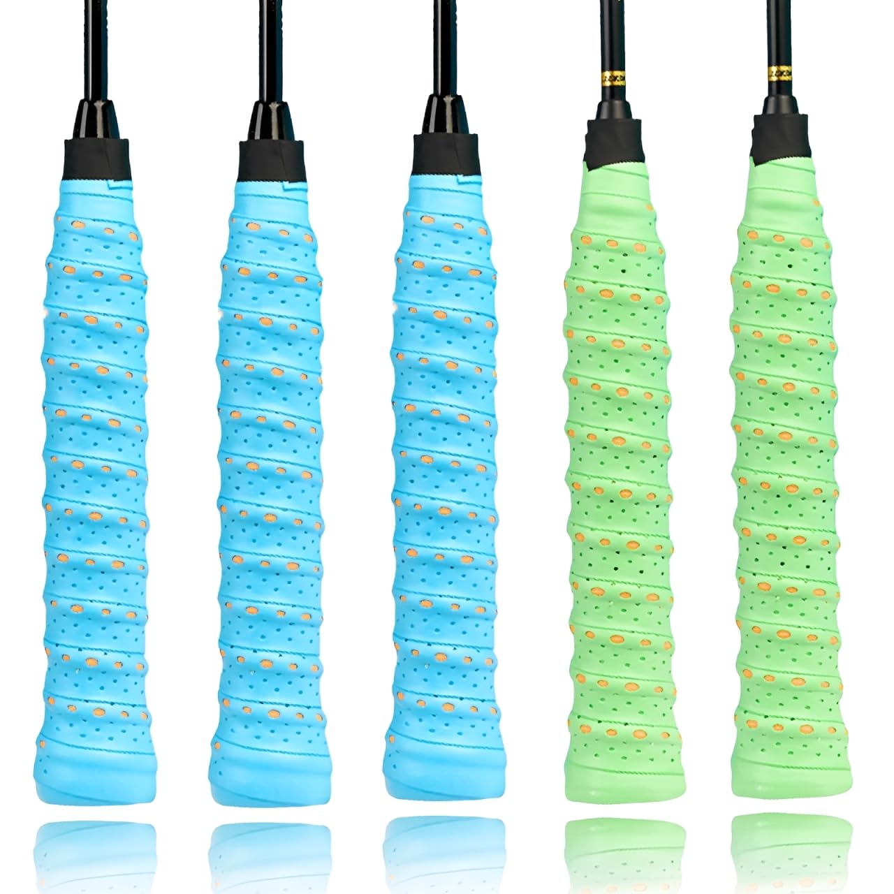 5-Pack Badminton Grip Tape Set, PU Badminton Racket Grip Tape (1100mm), Dual-Colour Overgrips for Racket Wrapping, 2 Fluorescent Orange-Green & 3 Sky Blue-Orange