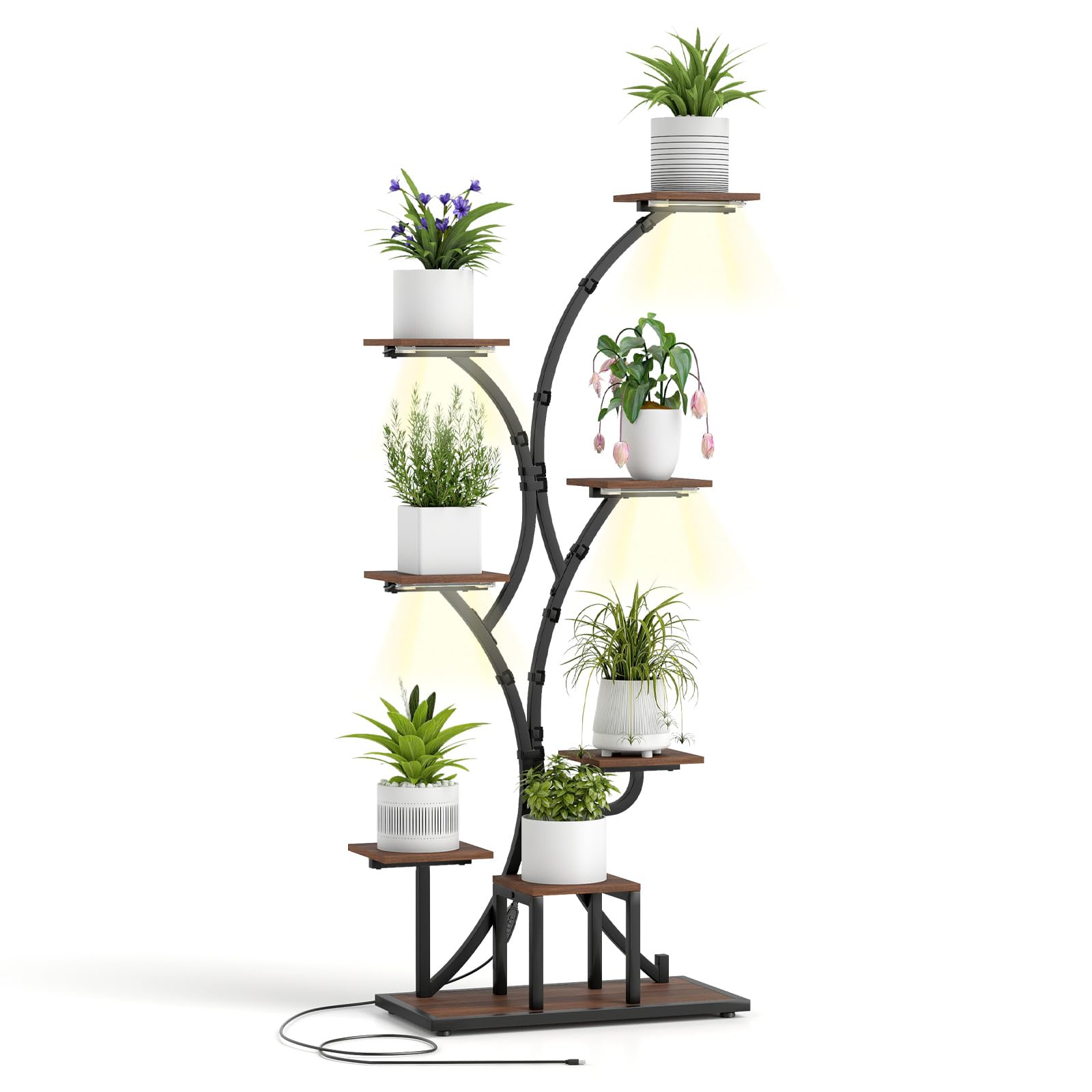 COSTWAY Plant Stand with Grow Lights, 146cm/155cm Tall 8-Tier Corner Metal Plant Shelf Flowerpot Holder, Decorative Curved Flower Display Rack for Indoor Outdoor (1, Rustic Brown, 70 x 35 x 146 cm)