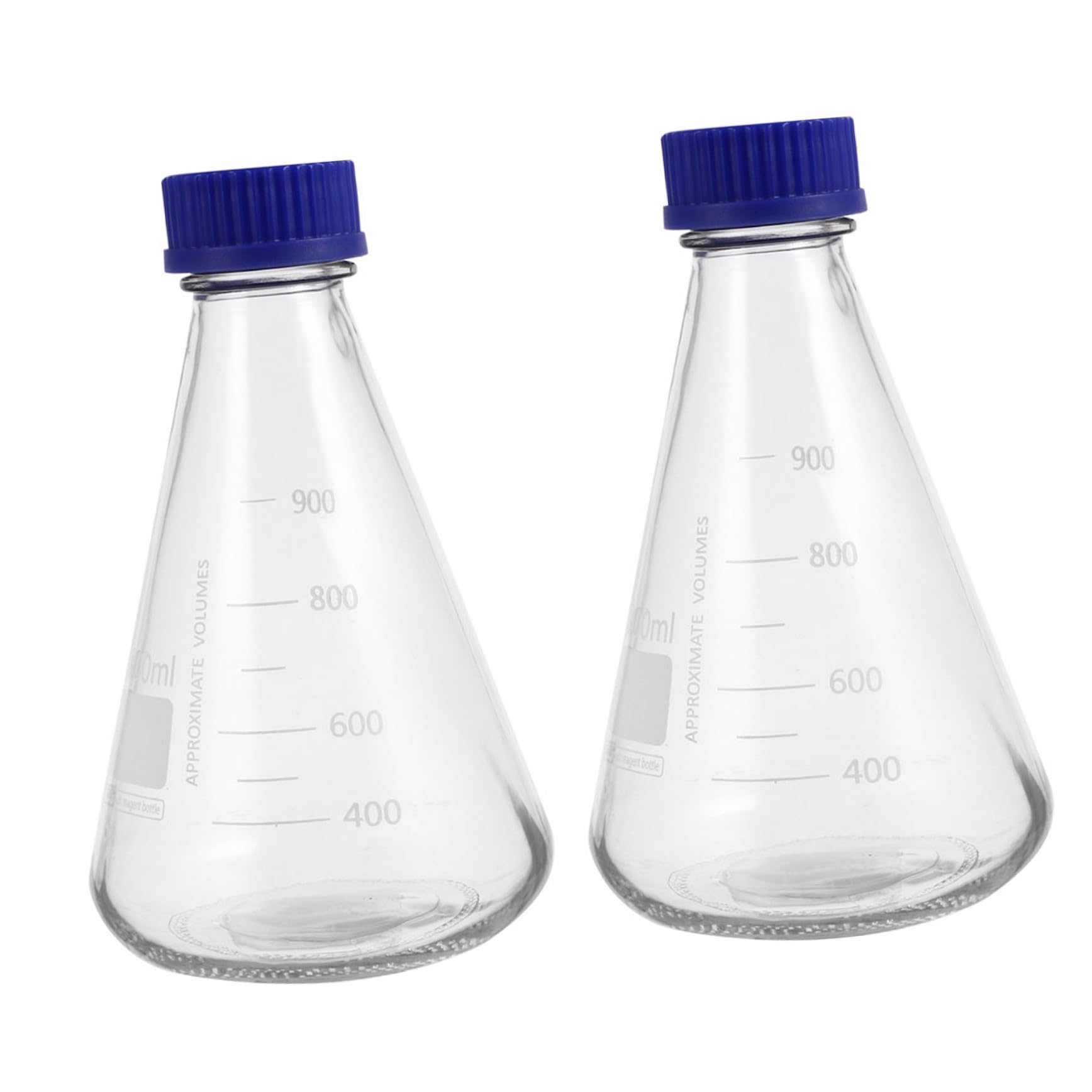 Erlenmeyerkolben Konisch mit Skala 2 Stück aus Glas 1000ml | Blauer Schraubverschluss, Klare Messmarken, für Schule und Forschung, Stabile Standform