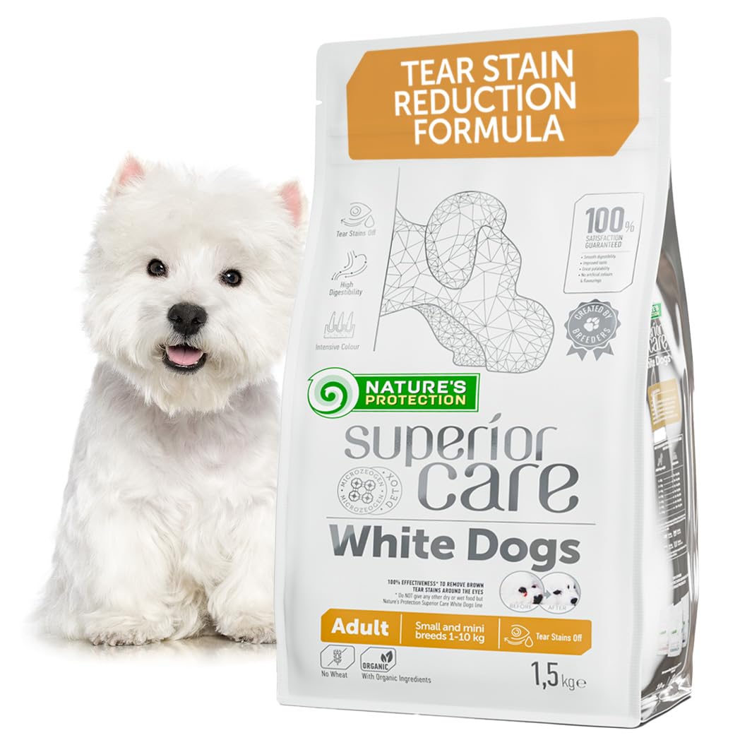 Nature's Protection Superior Care Grain Free Dry Dog Food For Adult White Dogs - Hypoallergenic Dog Food with Lamb & Rice - Small Dog Dry Food Reduces Tear Stains, Promotes Healthy Skin & Coat, 1.5kg