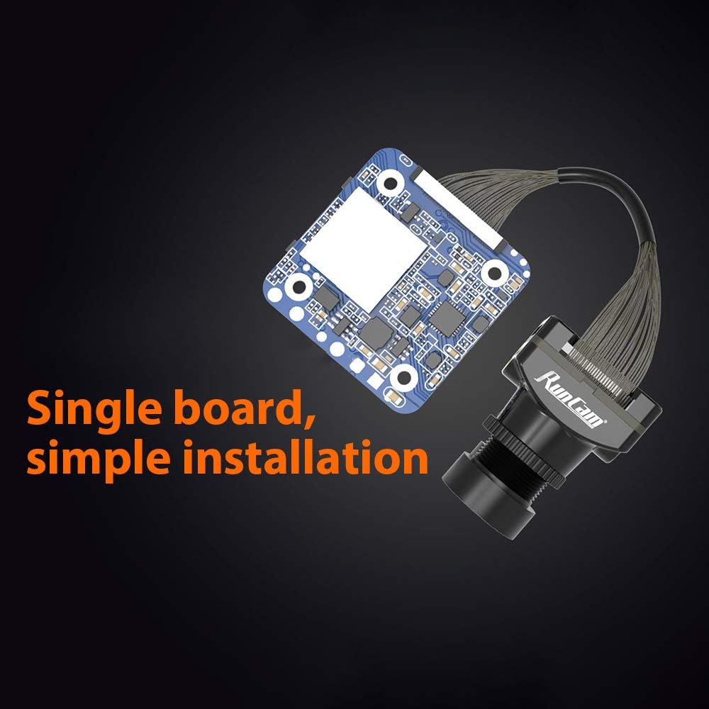 A smartphone displaying the RunCam app with QR code settings, being scanned by the RunCam Hybrid 2 camera, illustrating the QR code parameter setting feature.