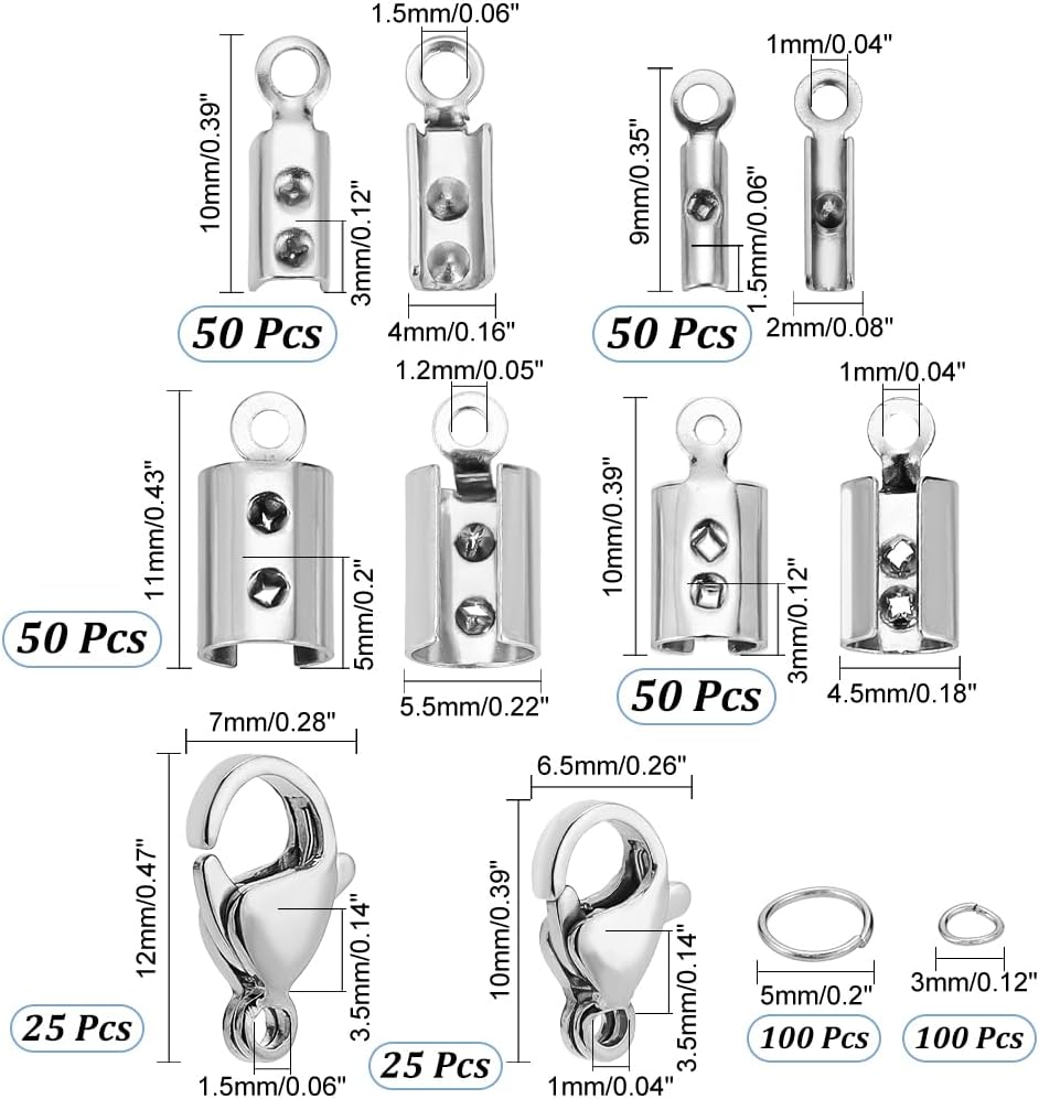 PH PandaHall Jewelry Making Kit, 200 pcs 304 Stainless Steel Fold Over Crimp Cord Ends 200 pcs Jump Rings 50 pcs Lobster Claw Clasps for Earring Bracelet Necklace Jewelry DIY Craft Making, 450 Pcs/Set - Image 2