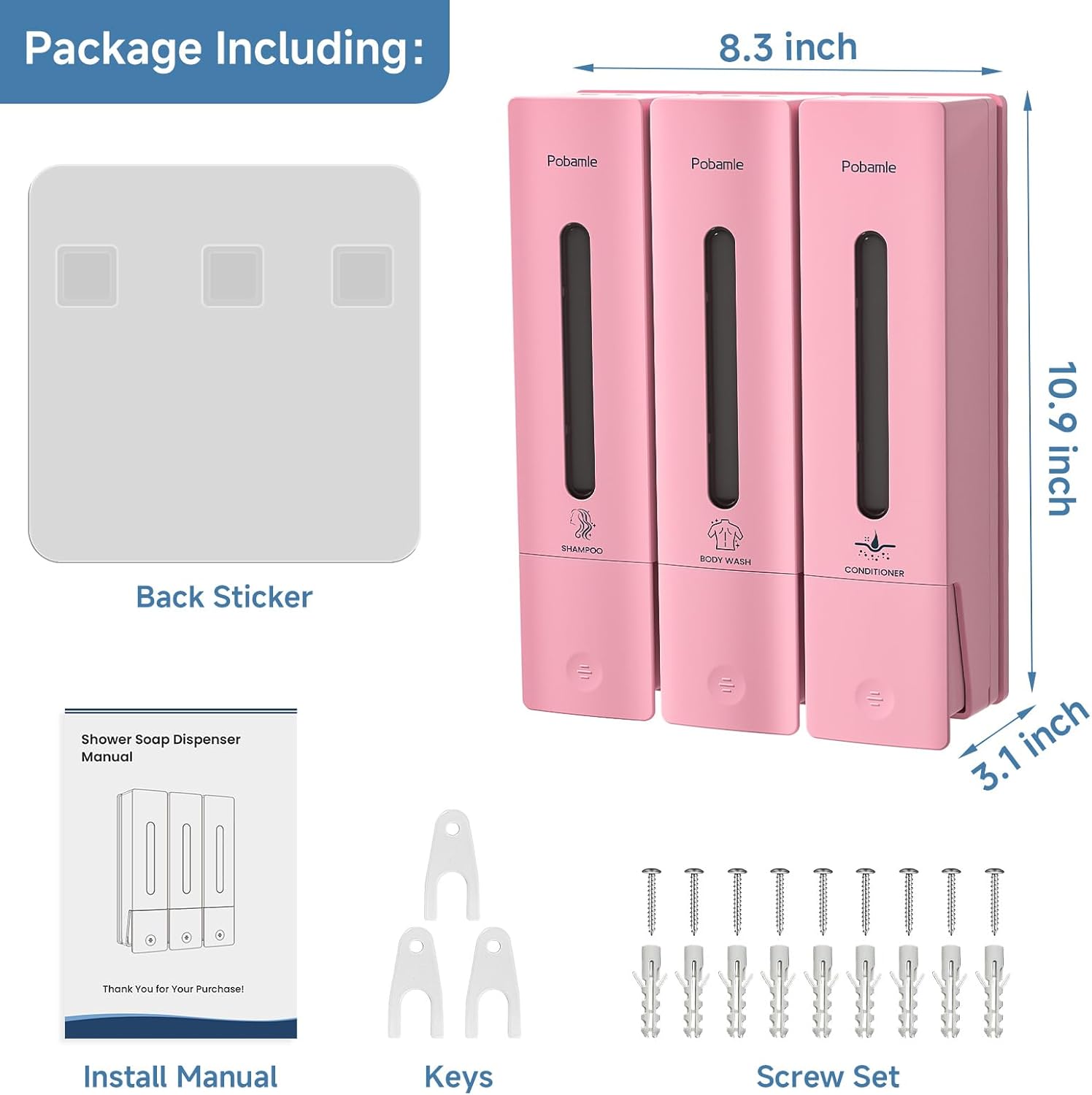 1984 Shower Soap Dispenser Bathroom Set Shampoo Conditioner Body Wash Dispenser Wall Mounted Shower Shampoo Dispenser 3 Chamber No Drill for Home Star Hotel 3 x 400ml Pink
