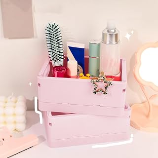 1 Pack Pink Mini Plastic Folding Storage Crate - 6.53x4.84x2.87-inch Square Storage Basket for Desktop, Drawer, Bathroom, Bedroom, Office & Classroom Organization (Decorative Organizer)