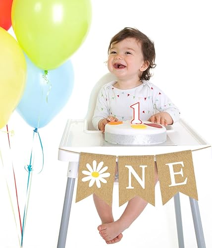 Miniatura 3 de Pudodo Cartel de yute con temática de margaritas de arpillera para primer cumpleaños, primavera, verano, fiesta de cumpleaños, silla alta,