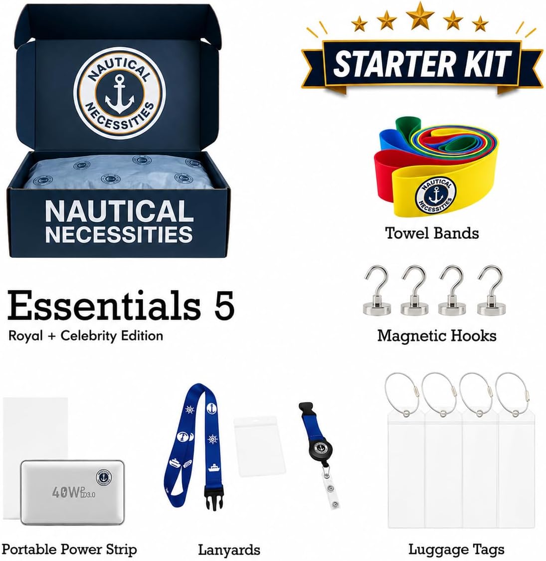 Cruise Essentials 5 Kit, Cruise Accessories Bundle with Magnetic Hooks, Cruise Luggage Tags, Lanyards, Towel Bands & Cruise-Safe Charging Unit (Multi-Line)