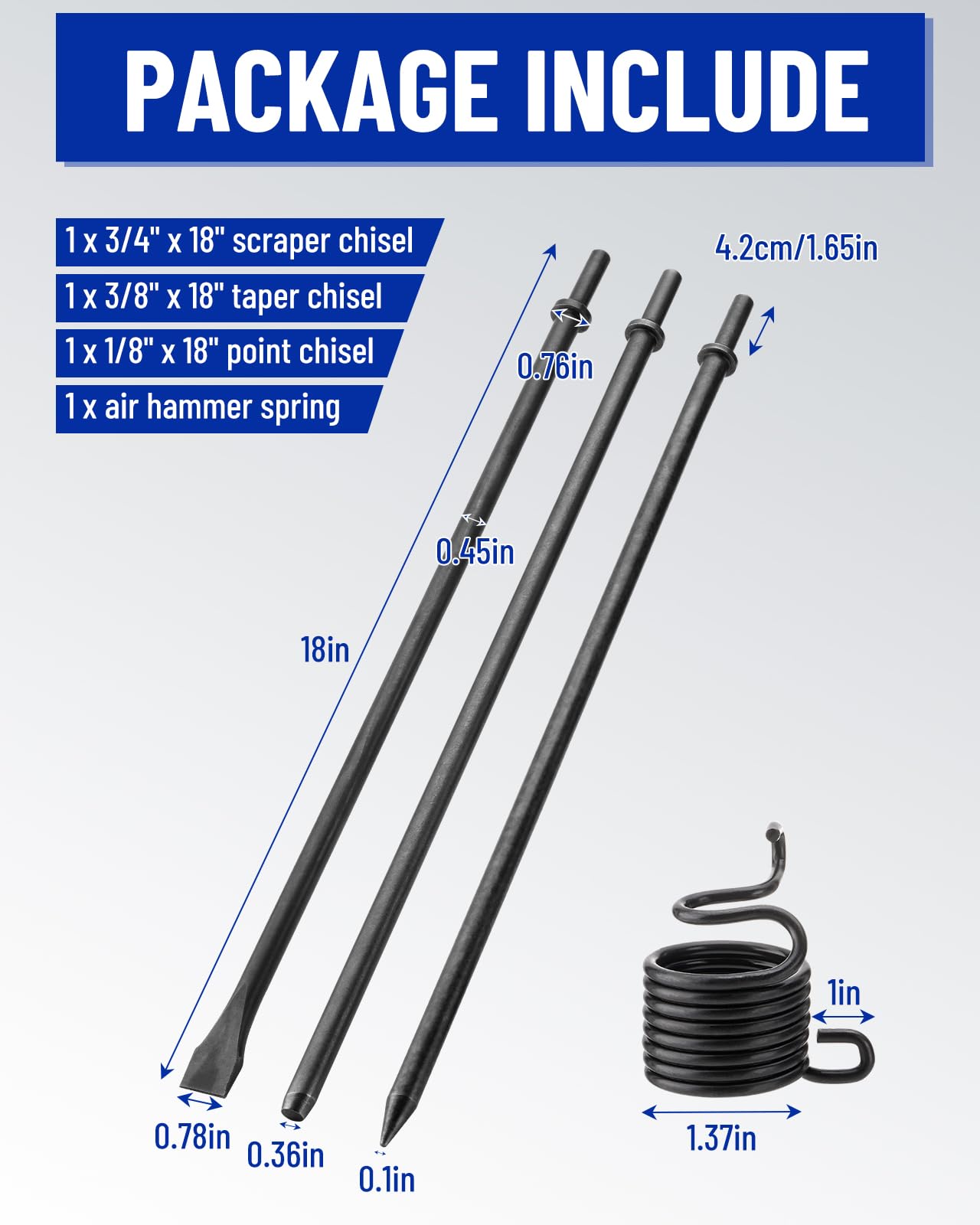 Set di 3 scalpelli pneumatici lunghi 45,7 cm, punte da 1/8" e 3/8" e 3/4" e punte piatte per martello pneumatico con molla, acciaio legato 42 Cr-Mo resistente per calcestruzzo, piastrelle