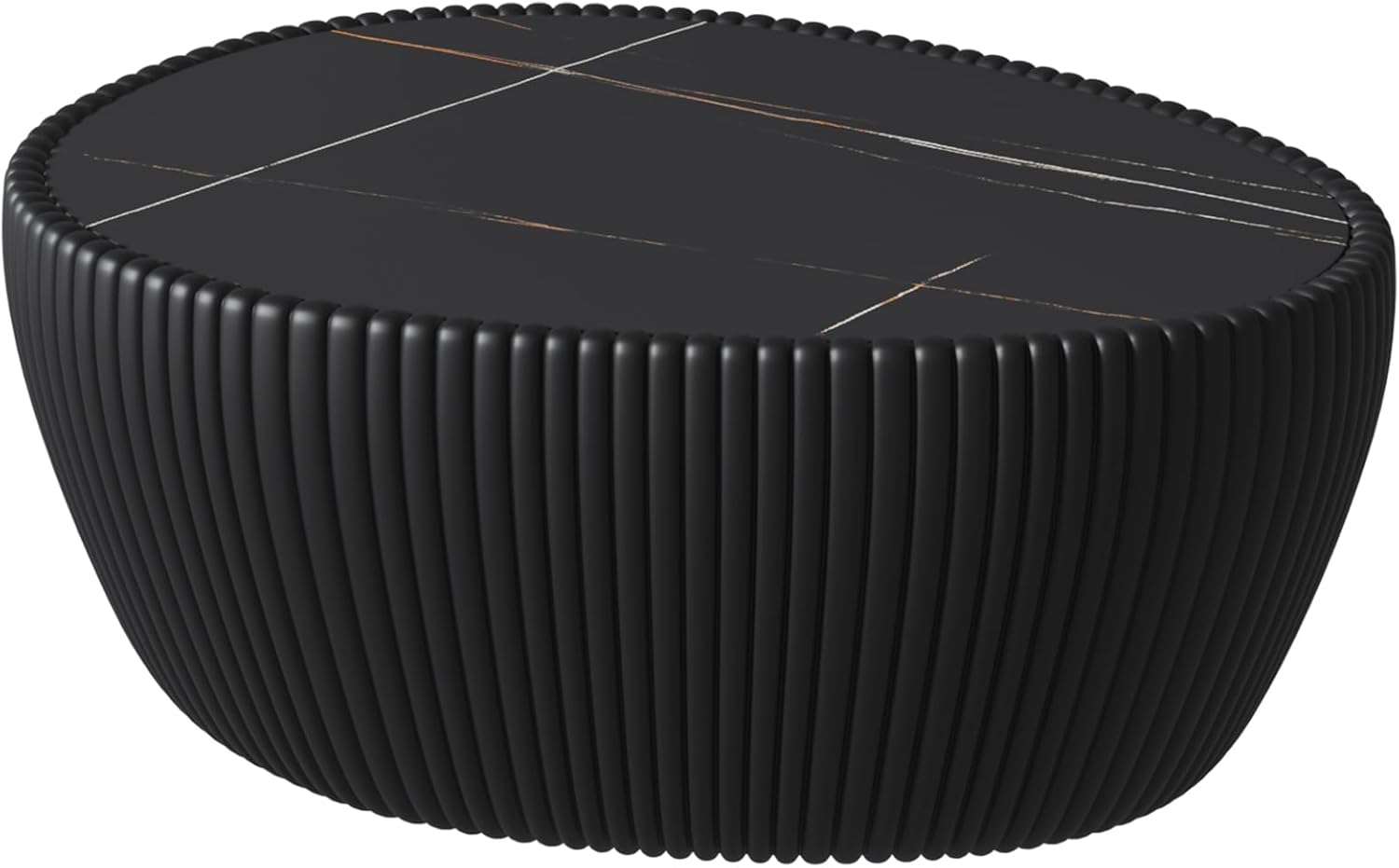 Oval Coffee Table,32.1'' Modern Drum Coffee Table with Sintered Stones Faux Marble Tabletop and Fluted PU Leather Covered Base,Goose Eggs Shape,Full Assembled