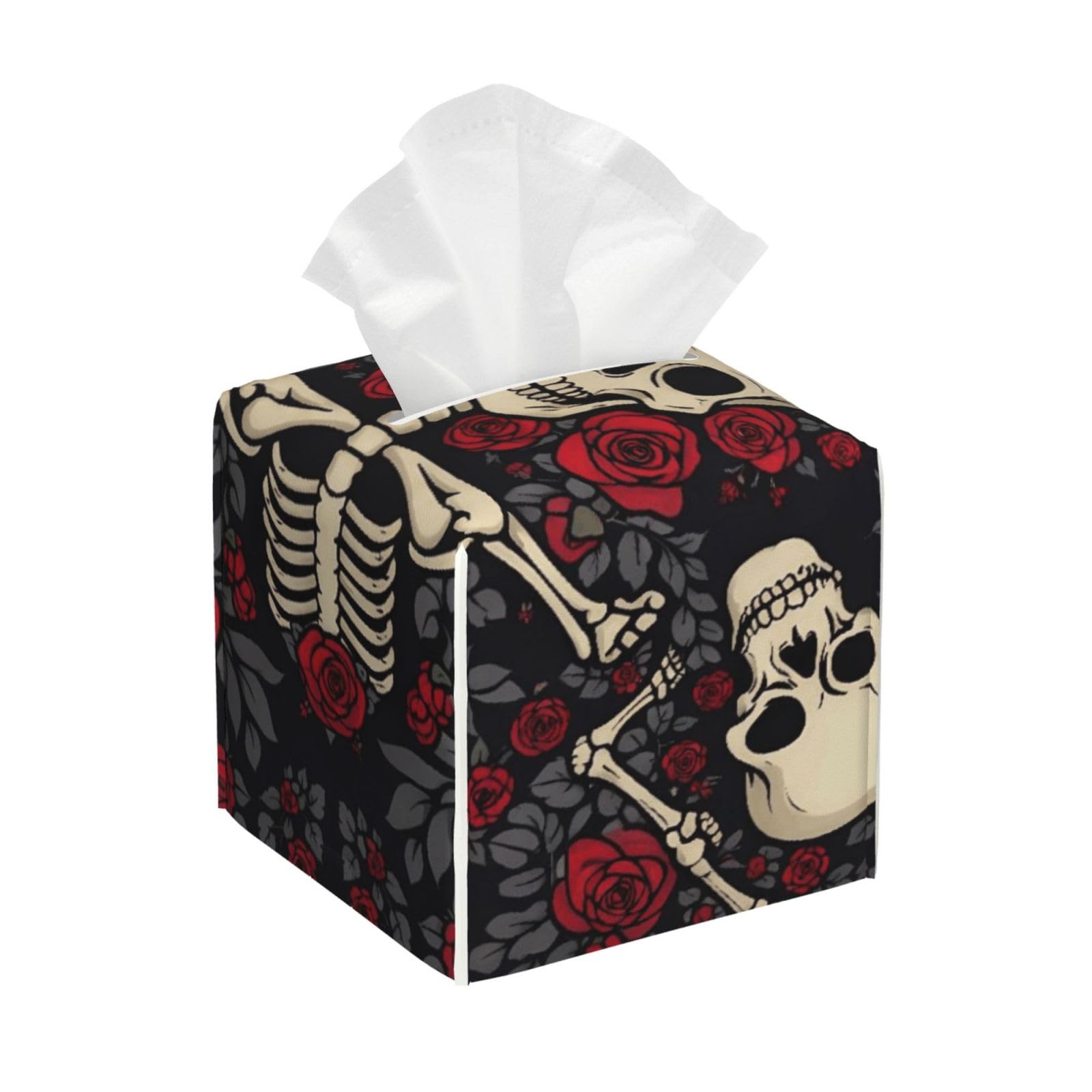 Roses Magic Hat Skeleton Sugar Skulls Leather Tissue Box Cover Holder Square Facial Paper Organizer 5.2" X 5.2" X 5.2"