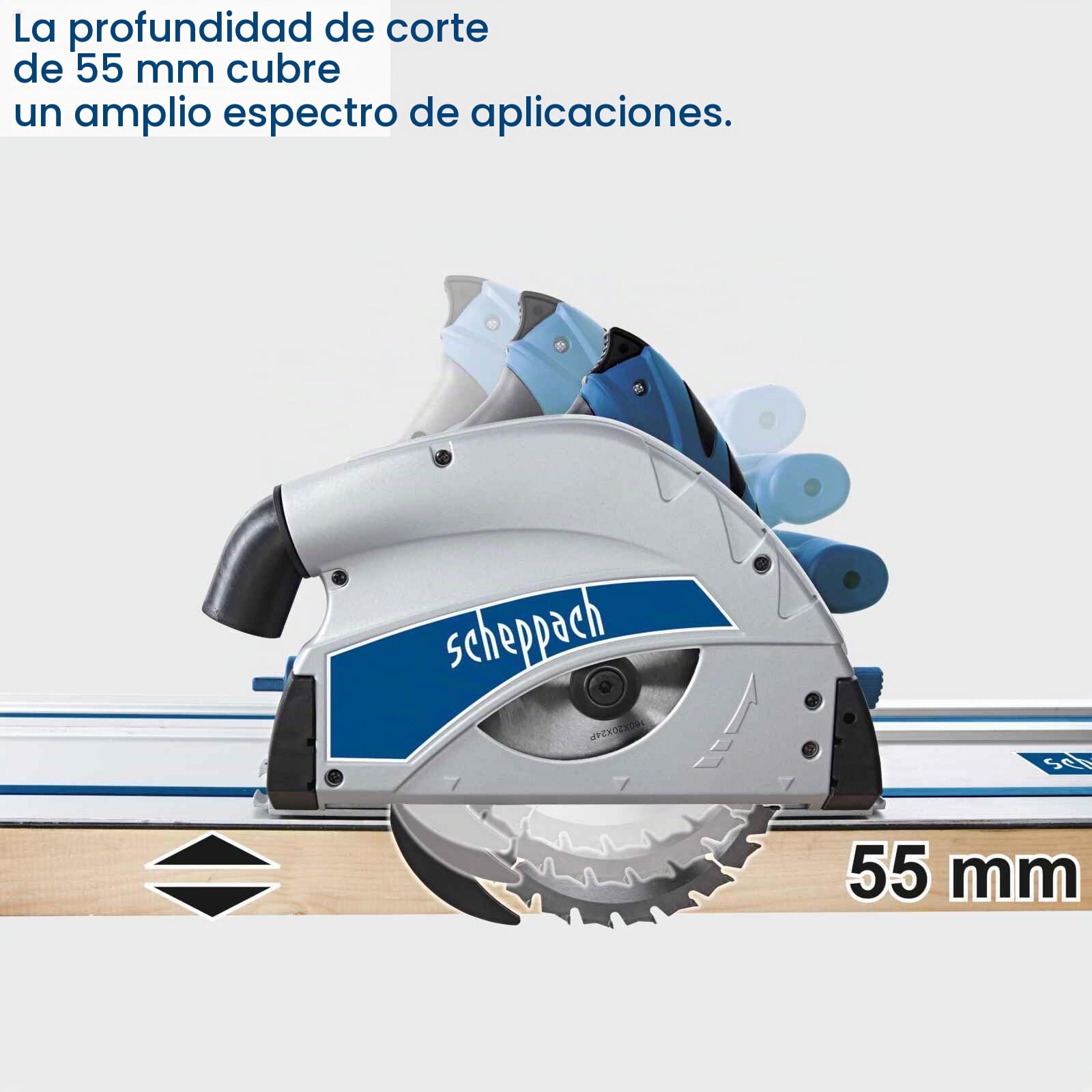 Scie plongeante SCHEPPACH 1200W - 160 mm - PL55 Livree avec 2 rails de 700 mm, un connecteur de rail et un anti-basculement