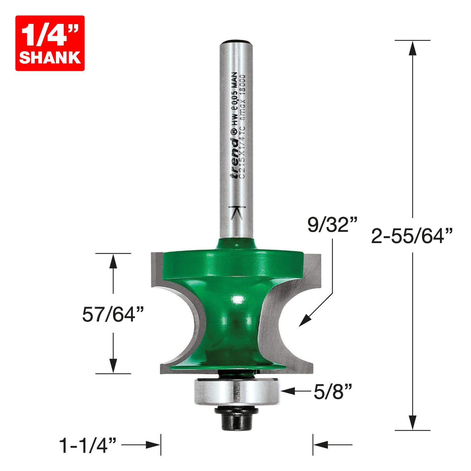 Trend CraftPro Fresa guiada por rodamiento para moldura de esquina, 1/4” | Perfilado preciso de bagueta de esquina: Ø31,9 mm, L22,5 mm, R7 mm, metal duro TCT, C215X1/4TC