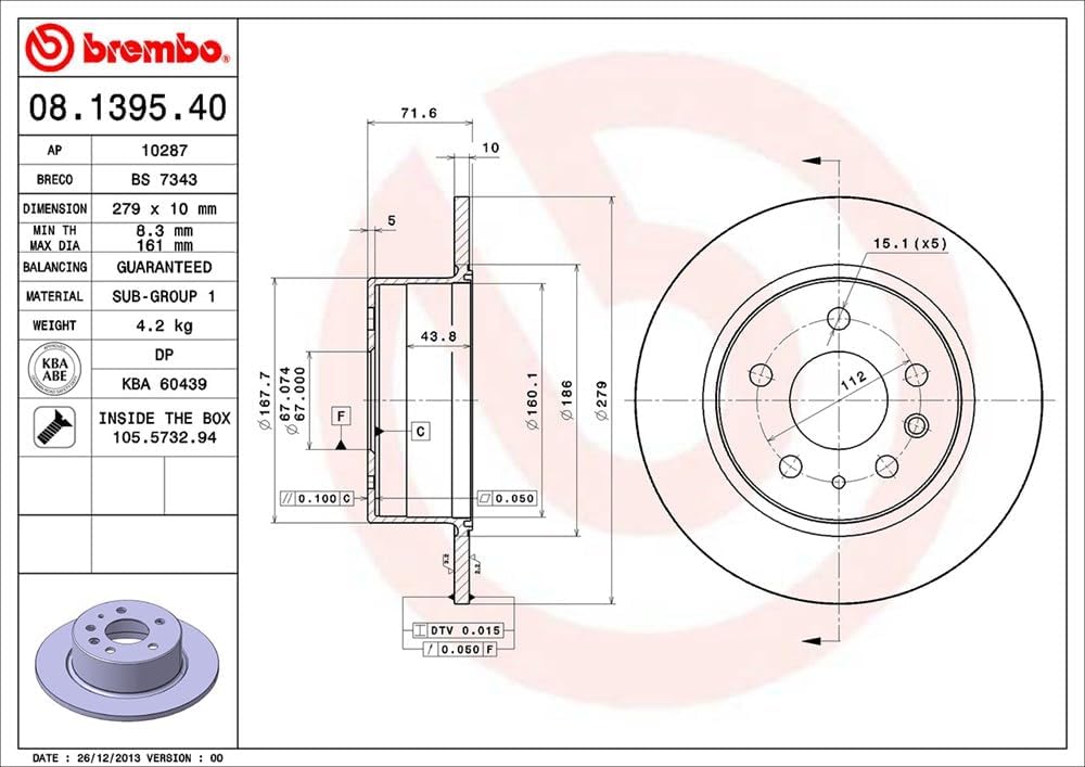 Brembo 08.1395.40 Standard solid Rear Brake Rotor MERCEDES-BENZ OE# A1264230012
