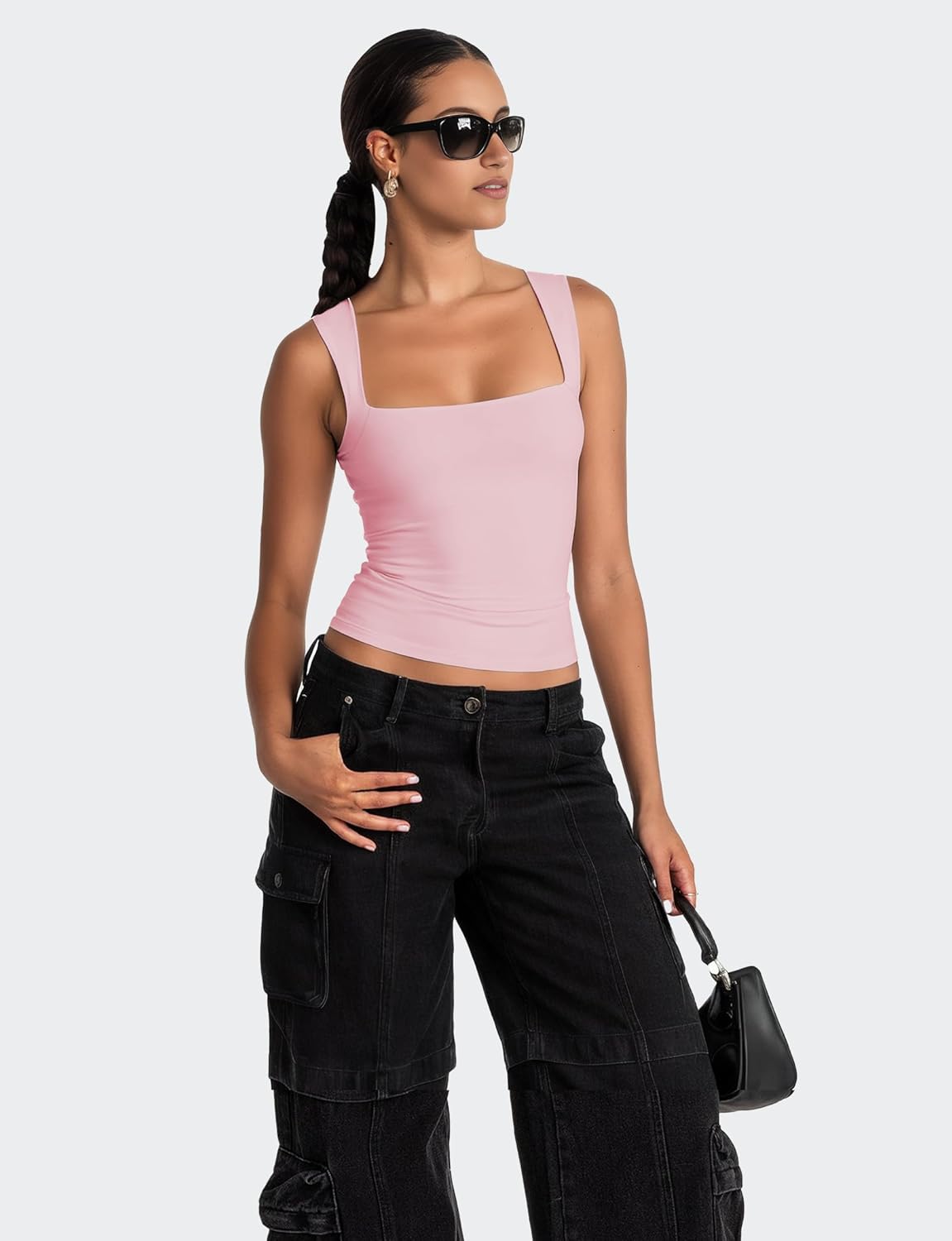 AURUZA Square Neck Tank Tops for Women, Sleeveless Double Lined Tops for Women Sexy Going Out Top Trendy Basic Fitted Shirts (Tank Top-Light Pink, Medium) - Image 6