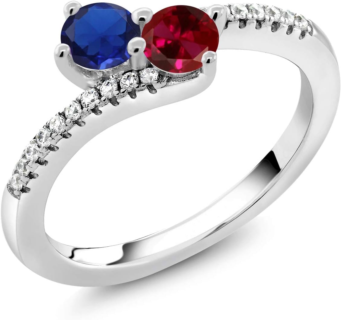 Gem Stone King Two-Stone Bypass Ring for Women in 925 Sterling Silver | 4MM Round Gemstone Birthstone and Blue Created Sapphire | Crossover Anniversary Engagement Wedding Promise Ring | Sizes 5-9