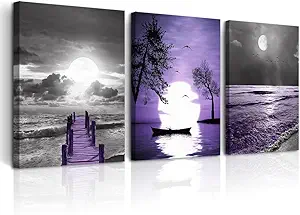 DZRWUBHS Frame Wall Decor For Living Room Inspiration Canvas Wall Art For Bedroom Office Decorations Black And White Wall Pictures Artwork Purple ocean Landscape Painting Modern Large Home Decor