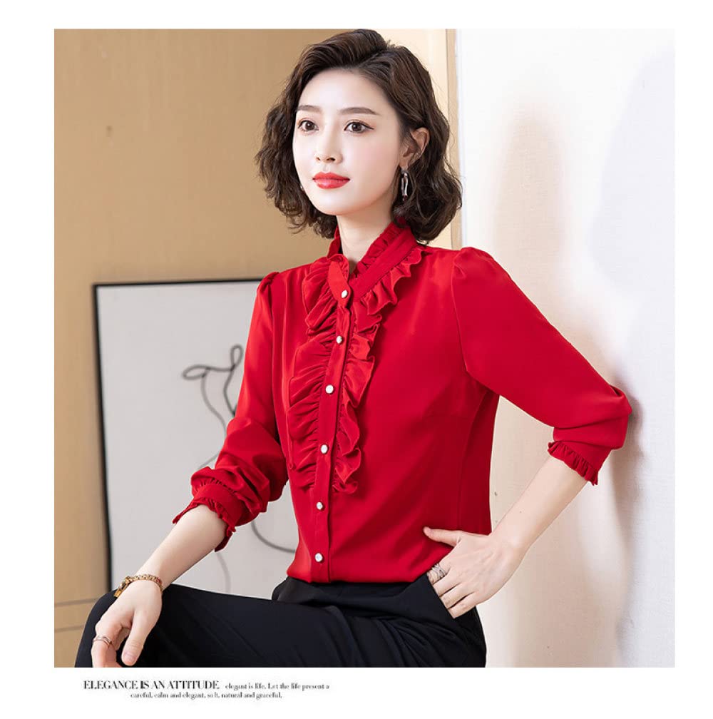 LITTLA Hemd Damen Oberteile, Damen-Chiffon-Langarmbluse Elegant Einfarbig Rosa Mit Rüschen Stehkragen Hemden Oberteile Mode Schmal Button-Down-Blusen Frühling Tunika-Oberteile Für Damen Mädchen
