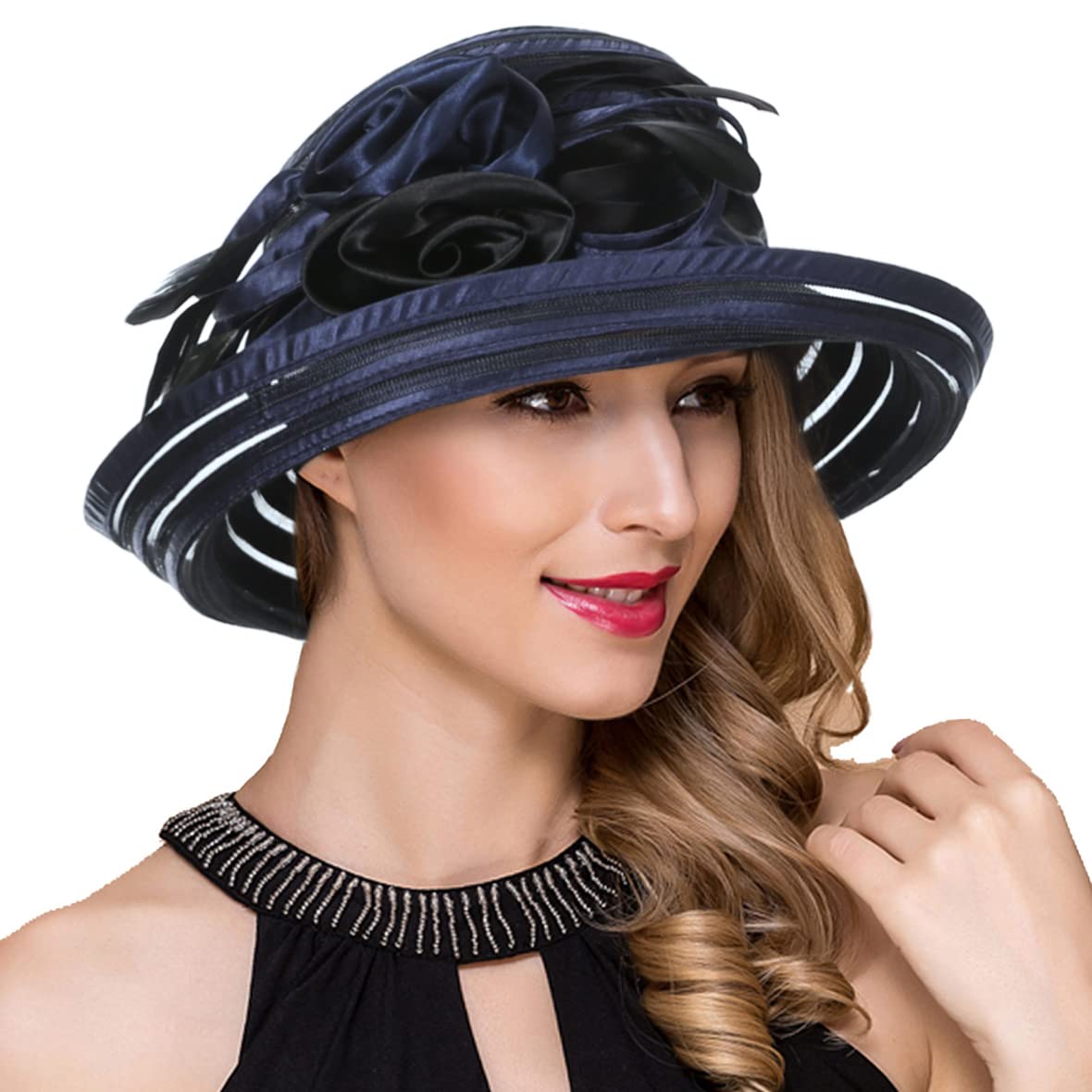 Chapeau de soleil pour femme en satin Kentucky Derby Église - bleu marine - Taille M