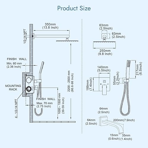 Miniatura 6 de Cinwiny Sistema de ducha de baño negro mate, cabezal de ducha de lluvia de 10 pulgadas con rociador de mano para montaje en pared, boquilla de