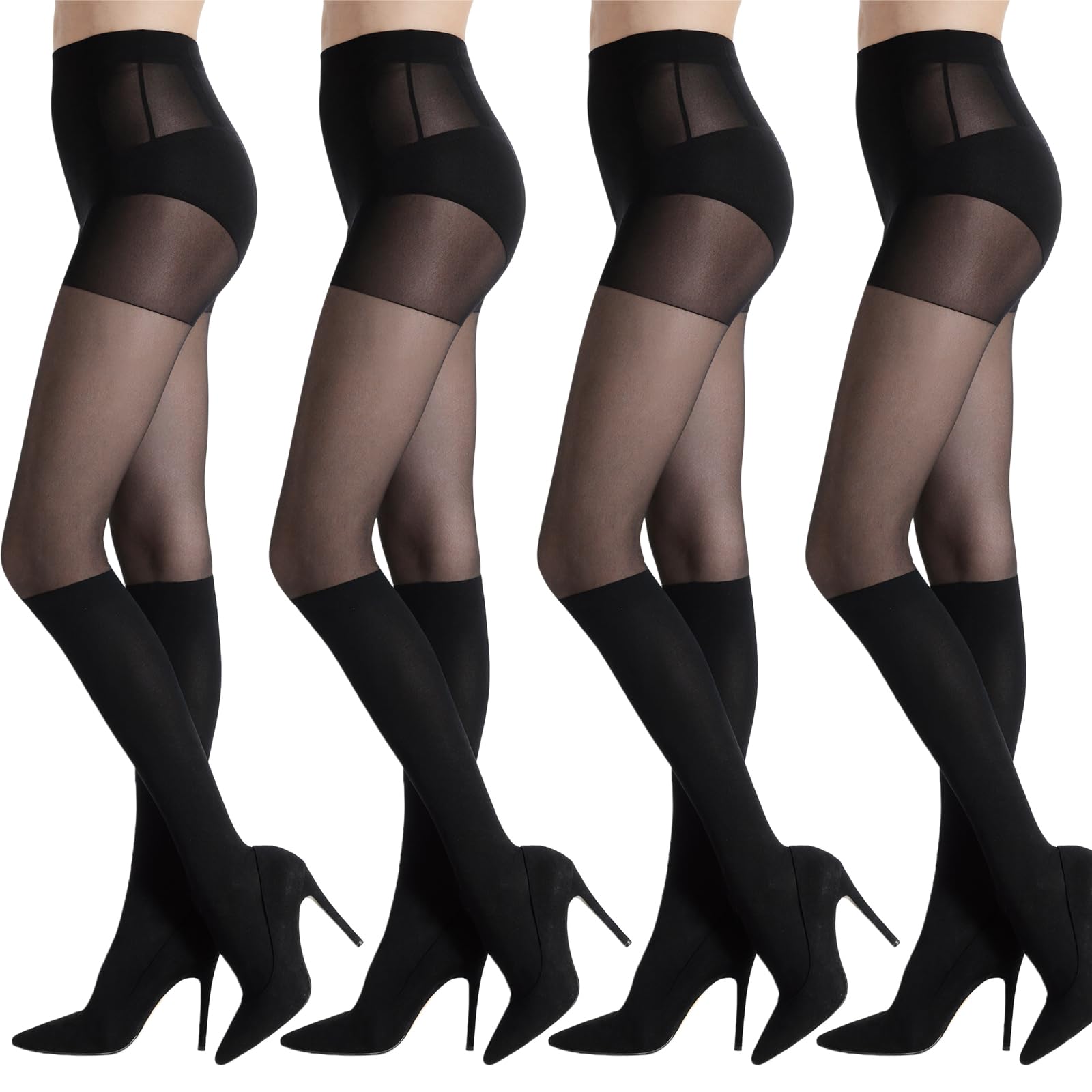 Meunhy Women's Black 4 Pcs Thigh High Tights For ,Mock Stockings Suspender, Over The Knee Pantyhose,Soft And Comfortable