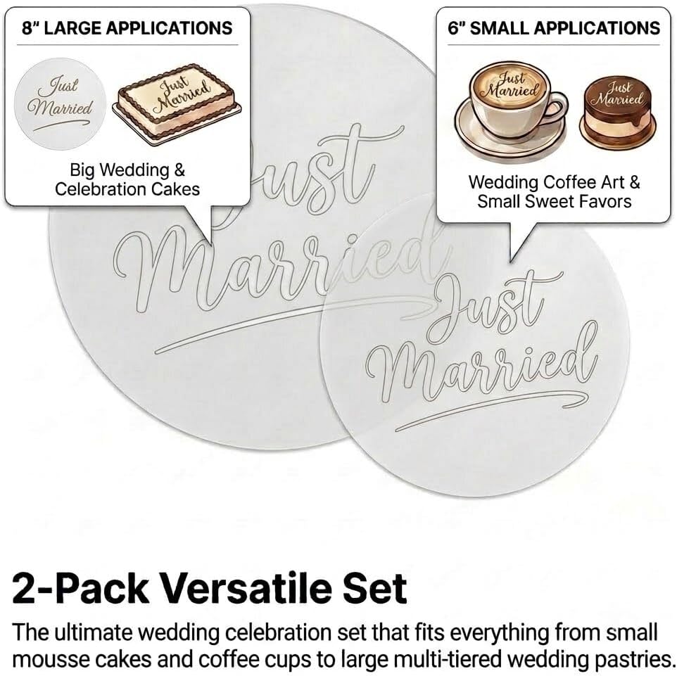 Acrylic Tiramisu Stencil and Cocoa Powder Shaker Mat,Reusable Dessert Cake Decorating Template with Handles,8 Inch Round Coffee Stencil Guides for Birthday, Anniversary, Wedding (1, Just Married)