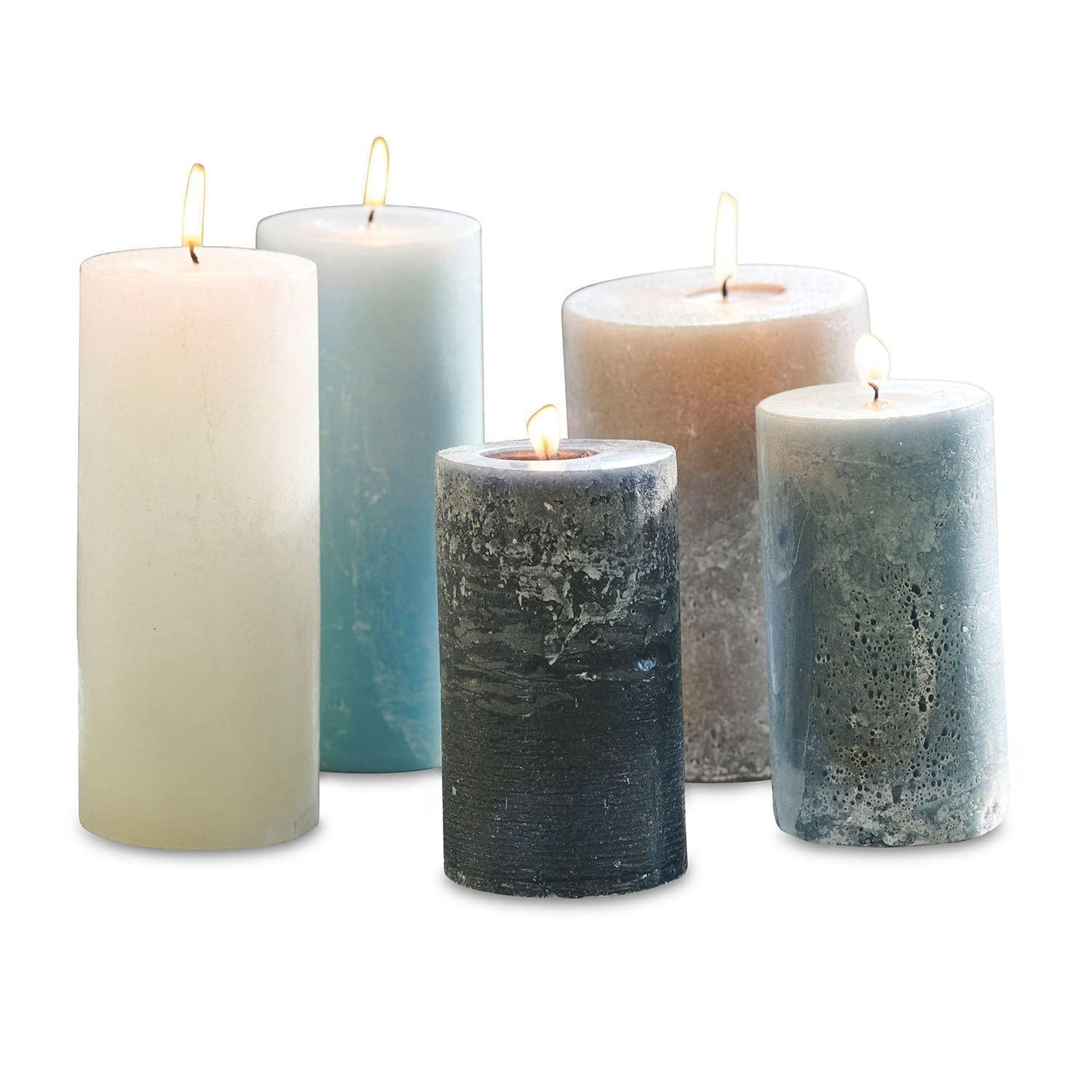 Loberon Kerze 5er Set Panagra, blau/grau | Diverse Größen & Töne im Mix, durchgefärbtes Wachs, geruchlose Stumpenkerzen, feine Struktur und Mattes Finish, Paraffinwachs