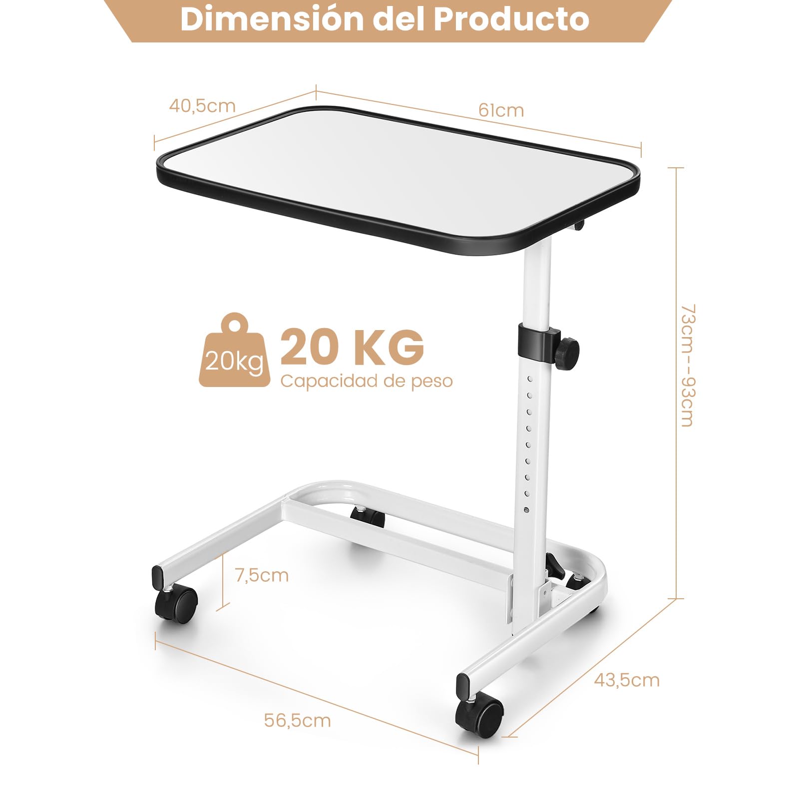 COSTWAY Mesa Auxiliar con Ruedas, Mesa Plegable Portatil para Cama, Altura Ajustable en 9 Niveles, Mesa Auxiliar Sofa Tapa Inclinable, para Ordenador, Salon, Hospital, 61 x 43,5 x 73-93 cm (Blanco)