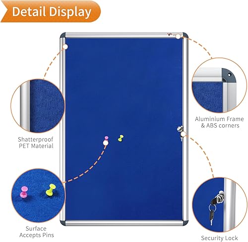 Vista 4 de Viz-pro tablón de anuncios con marco de aluminio clase 1, a prueba de alteraciones, con cerradura, Azul Fieltro azul