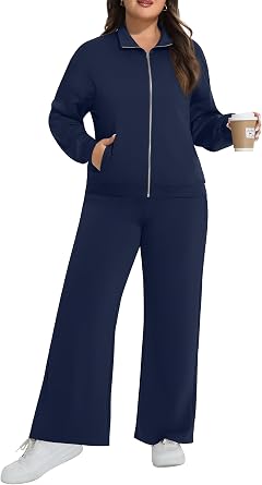Plus Size Women 2 Piece Outfits Sweatsuits Zip Up Sweatshirt Wide Leg Sweatpants Lounge Set Casual Tracksuit
