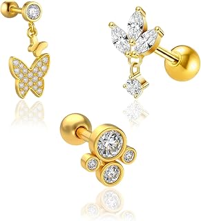VAMA FASHIONS 3 Pcs 18K Gold Plated Stainless Steel Anti Tarnish Butterfly AD Stone Cartilage Single Tragus ear Studs Heli... Price In India