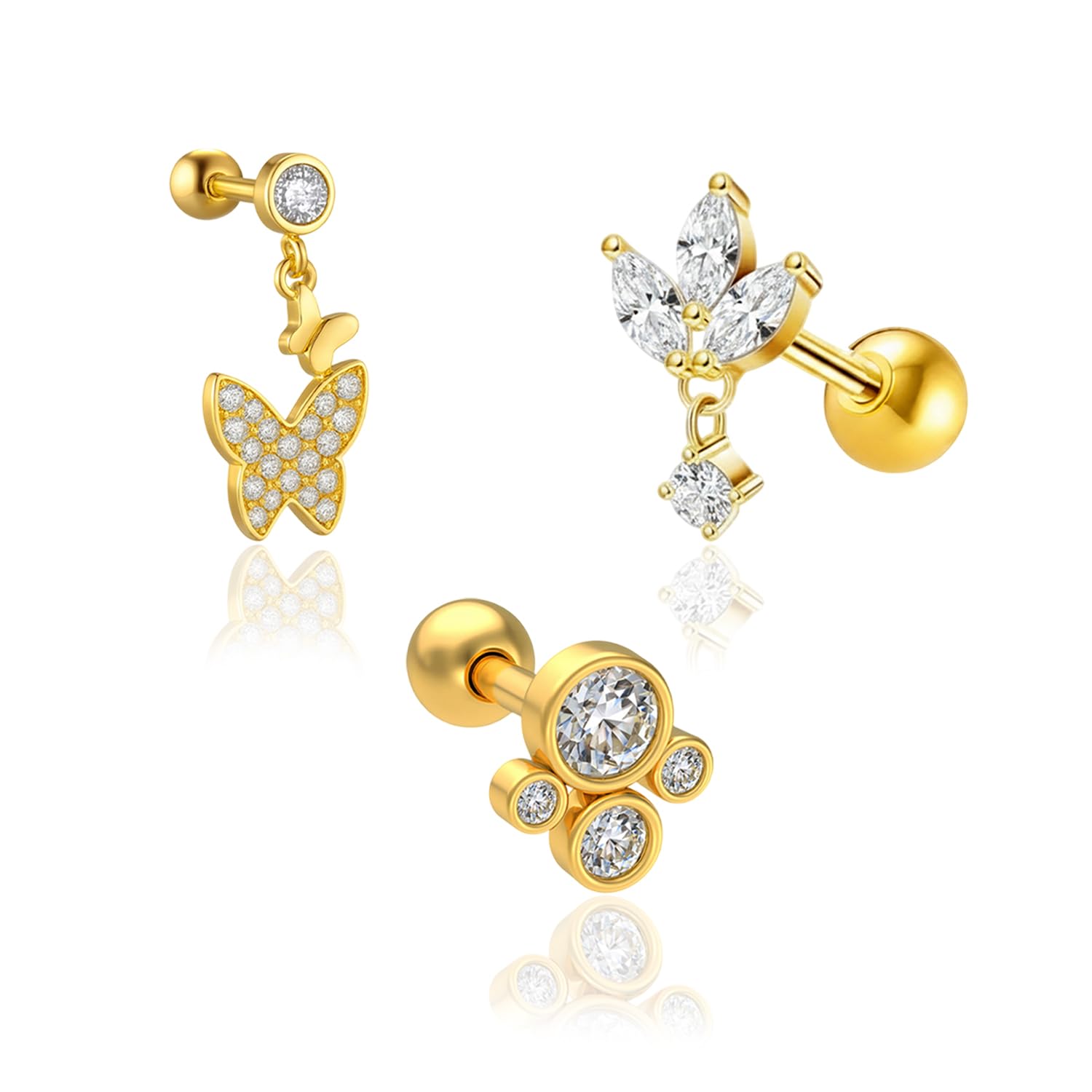 VAMA FASHIONS 3 Pcs 18K Gold Plated Stainless Steel Anti Tarnish Butterfly AD Stone Cartilage Single Tragus ear Studs Heli... - Review, Price and Buying Guide