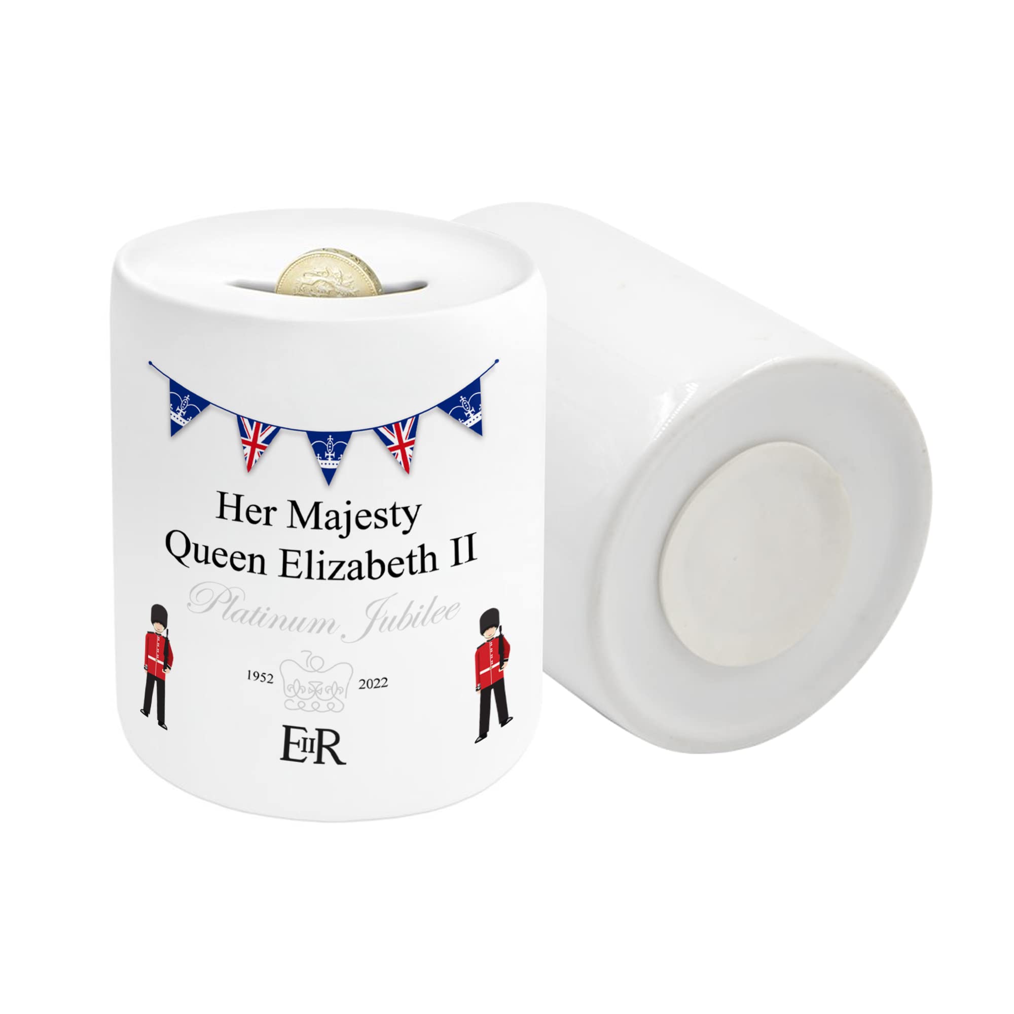 Print ManiacsPlatinum Jubilee Decoration Money Piggy Bank Box Ceramic Queen Elizabeth II Union Jack Safety Coin Bank Saving Collection Souvenir Keepsake Street Party Décor Tin (Queens Soldiers)