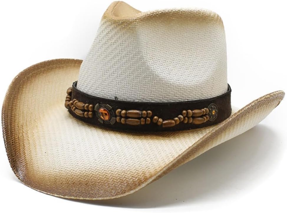 Western Cowboy Hat with Beaded Band, Gray Ombre Straw, Wide Brim