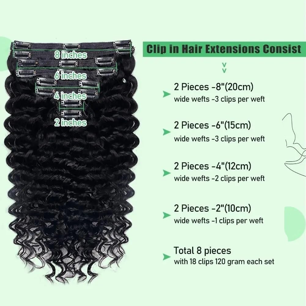 Deep Curly Clip In Human Hair Extensions dla kobiet, 8 sztuk, 18 klipsów, 120 g, brazylijskie włosy Remy, Water Wave Clip Ins, Natural Black, 35-66 cm (35,5 cm)