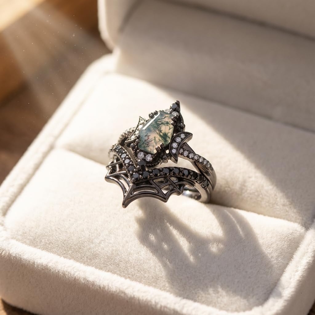 Natural Moss Agate Engagement Black Ring Set for Women Customizable 10K /14K /18K Solid Gold Gothic Promise Wedding Stacking Rings Free Engraving Size 4-15