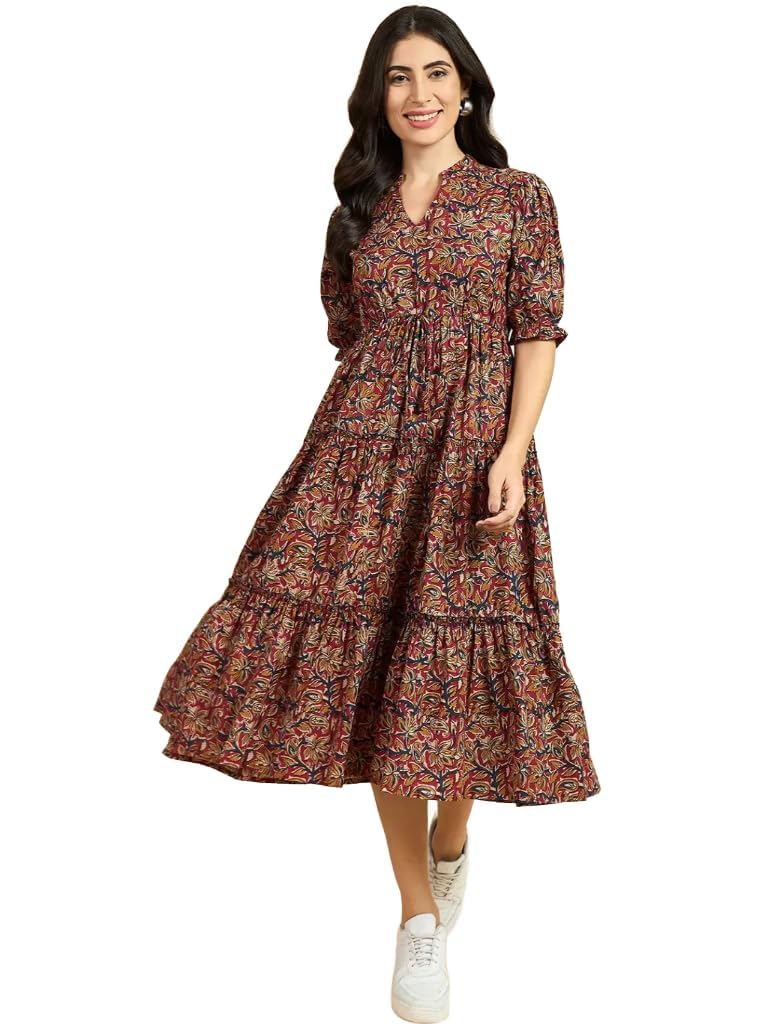 Women's Floral Summer Maxi Dress I Cotton Printed I One Piece Bodycon Midi Dress with V-Neck, Puffed Sleeves-image-48