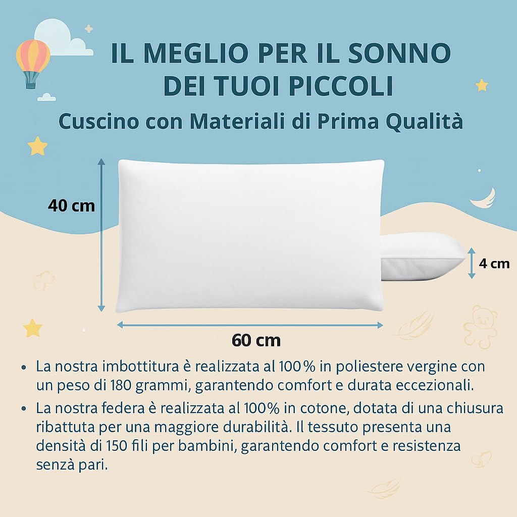 tessiharmony - Cuscino Lettino Bambino 60x40 cm 100% Cotone Guanciale Letto Culla Antiacaro Anallergico Traspirante Morbido 1 2 3 4 Anni Alto 4 cm Made in Italy