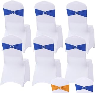 6PCS Royal Blue Elastic Chair Sashes - Universal Spandex Chair Cover Bands with Adjustable Buckle Sliders for Banquet Chairs - Wedding, Party, Ceremony Tie Back Decor