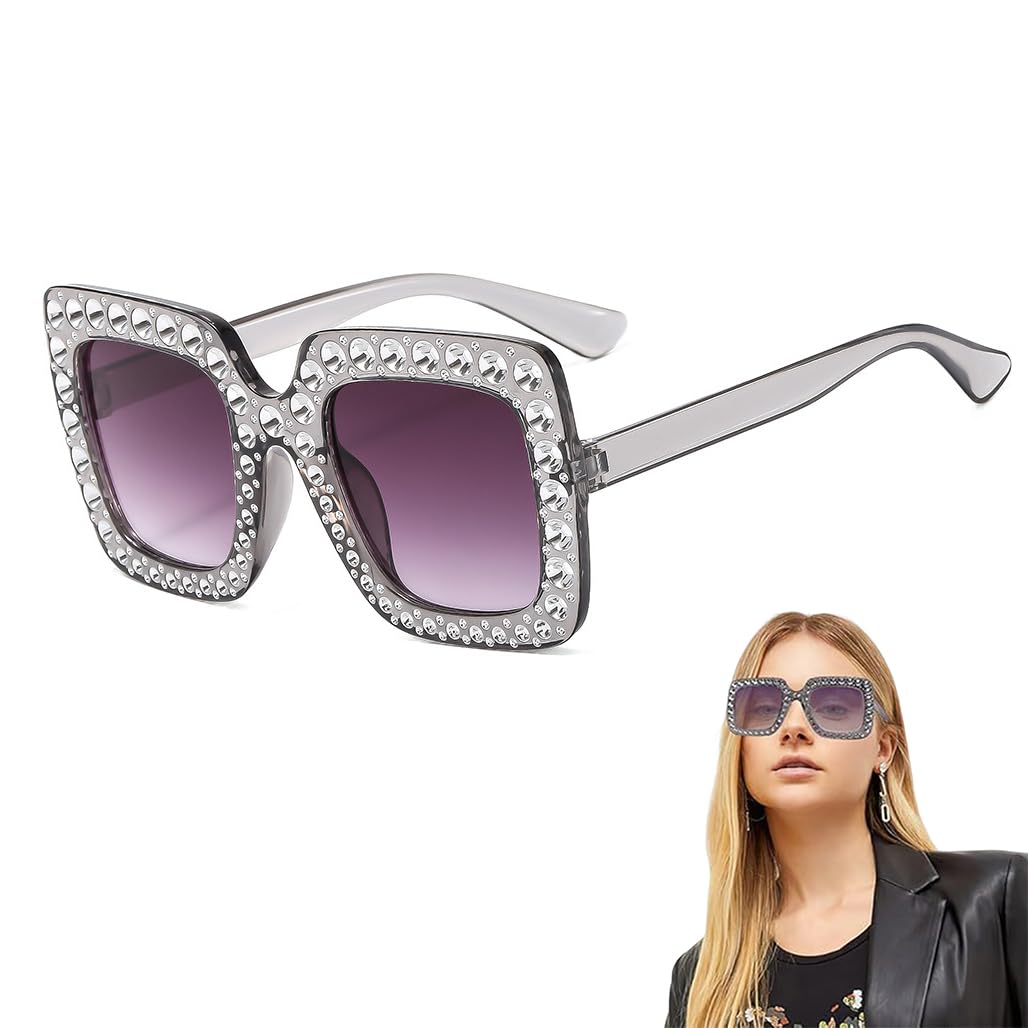 Crystal Oversized Sunglasses,Sparkly Bling Thick Frame Rhinestone Diamond Retro Trendy Party Sunglasses,Sunlight Protection Big Square Halloween Disco Glasses for Men Women Travel Transparent