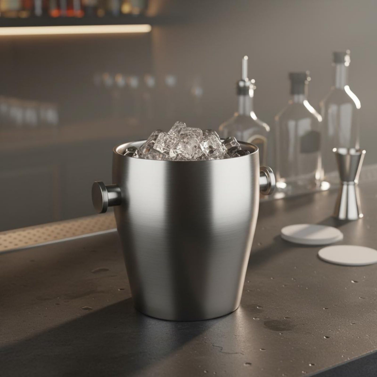 perfk Cubeta Doble Capa Acero Inoxidable Recipiente de Hielo de Botellas Contenedor Firme Adecuado para Cenas Hogares Hoteles, Cubo De Hielo con Tapa Y Pinzas, Acabado Arenado