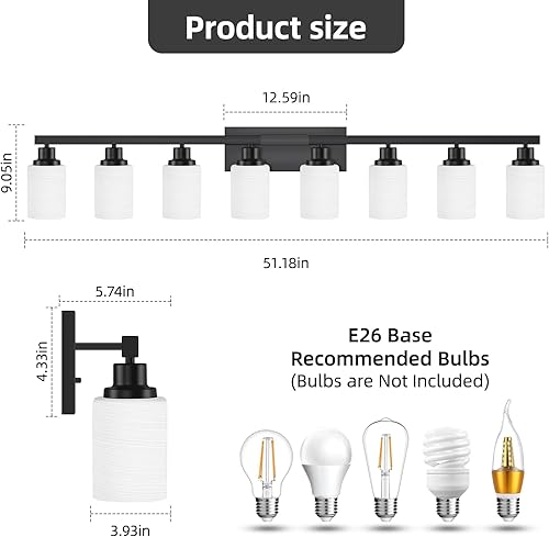 Miniatura 3 de Lámparas de baño de 8 luces sobre el espejo, 52 pulgadas, modernas luces de tocador negras mate con pantalla de vidrio esmerilado blanco, apliques