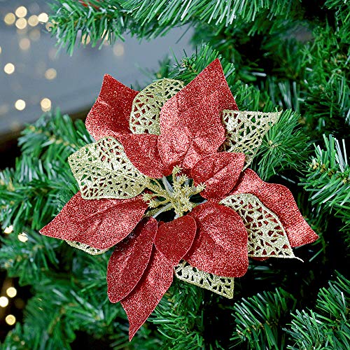Yosichy Christmas Poinsettia Flowers Large Glitter Artificial Xmas Tree Ornaments Decorations With Stems Pack Of 12(Red Gold) #TOP3