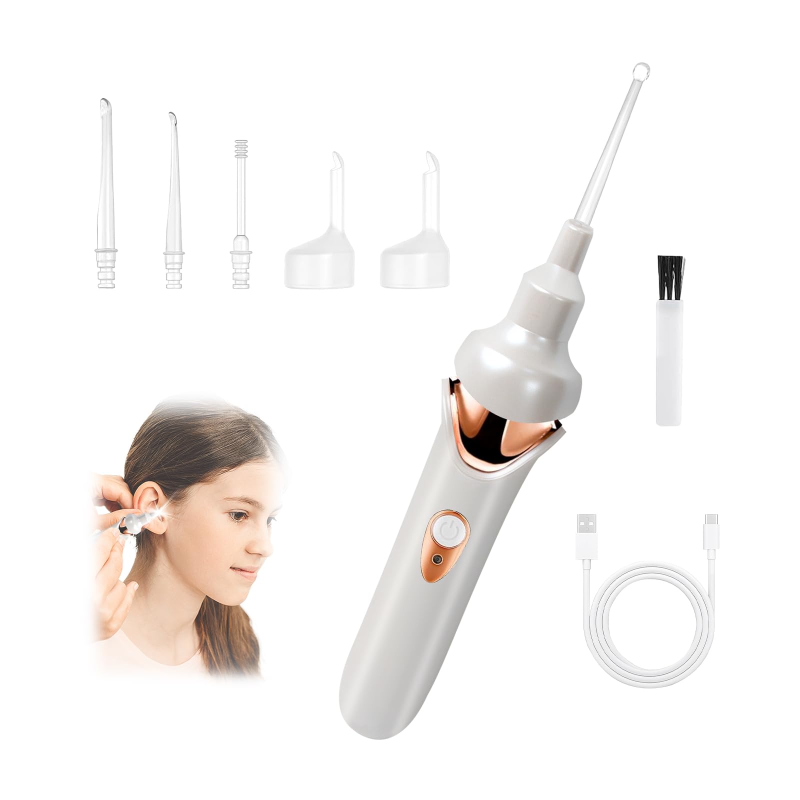 Ohrenschmalz Entferner Sauger mit Led-Licht, Elektrisch Ohrenreiniger Sauger Schmerzlos und Sicher, mit Usb-Datenkabel, ErsatzlöFfeln und ReinigungsbüRste, für Erwachsene und Kleinkinder