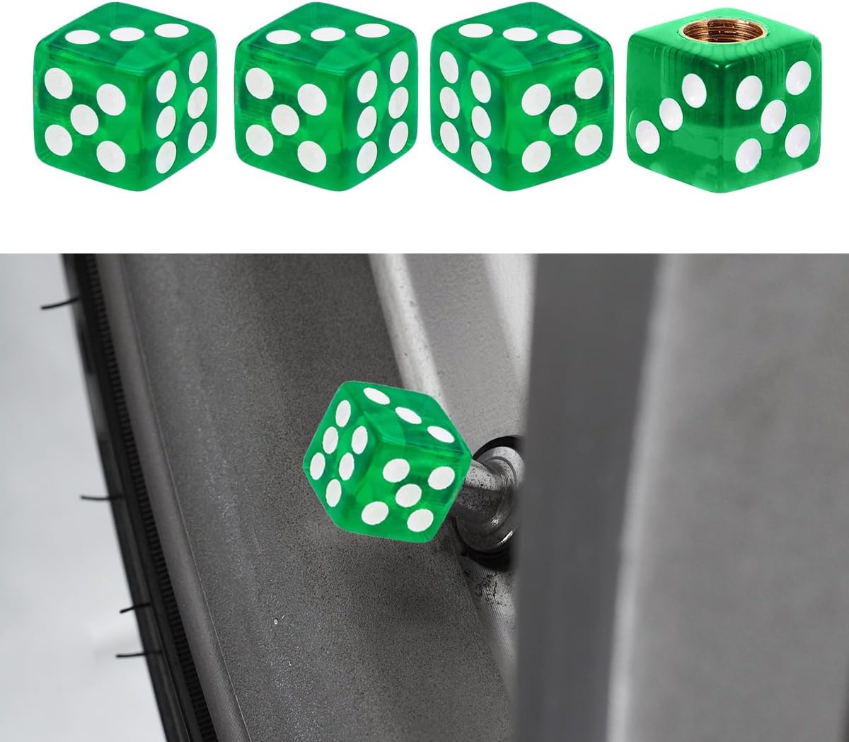 4PCS Dice Car Tire Valve Stem Caps, Corrosion Resistant & Leak-Proof Air Cap Cover with Brass Core, Universal Dust Proof Tire Valve Cap for Truck Bicycle Motorcycle SUV (Green)